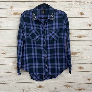 But & Bridle NWT Embellished Purple Plaid Snap Button Long Sleeve Shirt M